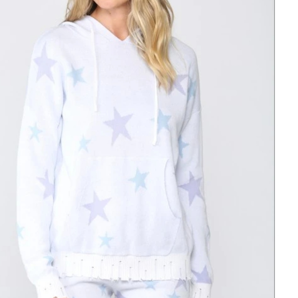 Star Knit Hooded Swester Featuring Distressed Cuff Hem, Large Front Pocket